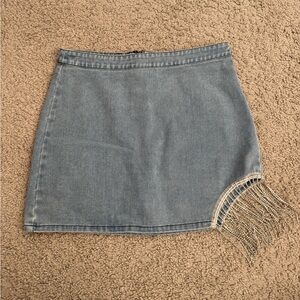 Denim Mini Skirt with Fringe Detail
